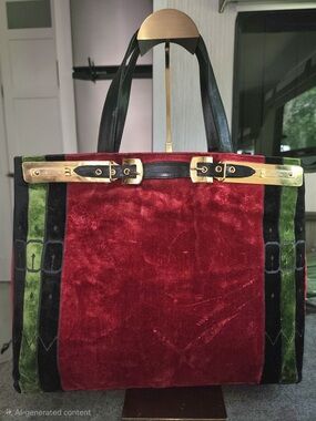 Roberta di Camerino Vintage Red Velvet Tote with Green Accents and Gold Hardware
